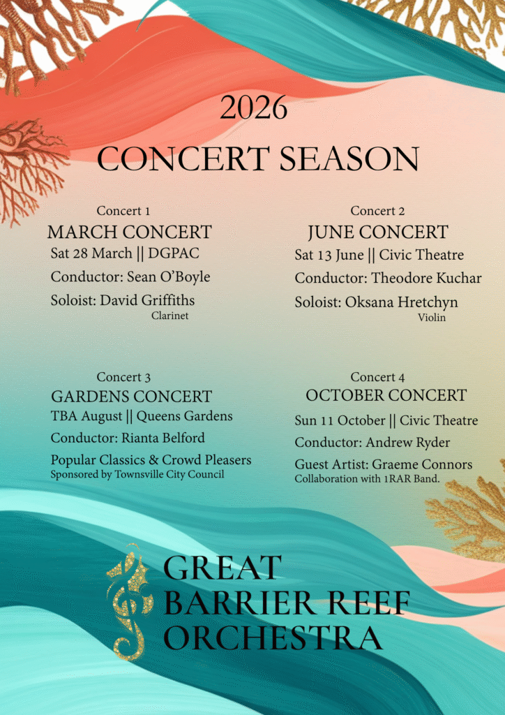 2026 Orchestra concerts: Sat 28 March, Sean O'Boyle - DGPAC Sat 13 June, Theodore Kuchar - Civic Theatre TBA August, Rianta Belford - Queens Gardens Sun 11 October, Andrew Ryder - Civic Theatre
